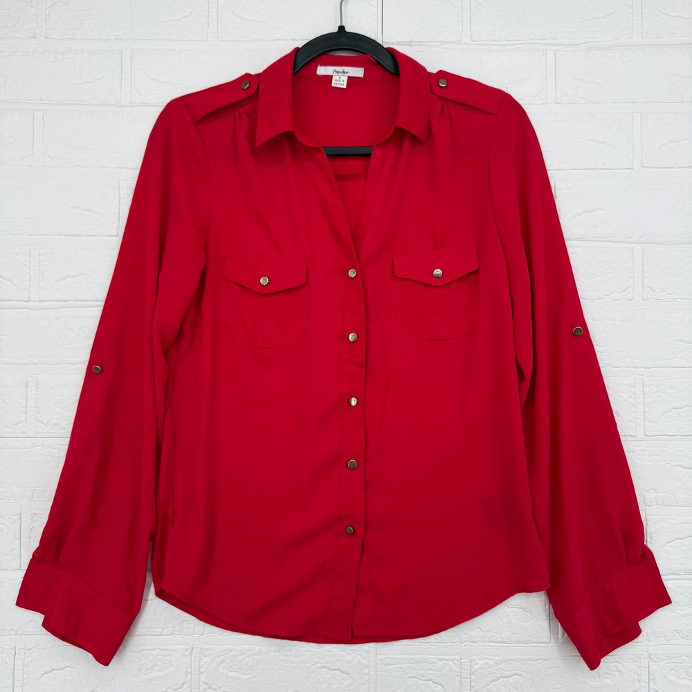 Papaya Button Up Blouse Womens Small Red Utility Roll Tab Sleeve Pocket Shirt